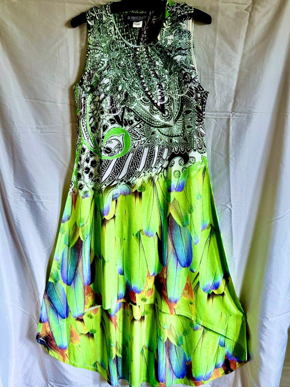 Pyramid Collection Peacock Feather Lace Rhinestone Hi Lo Maxi Dress L